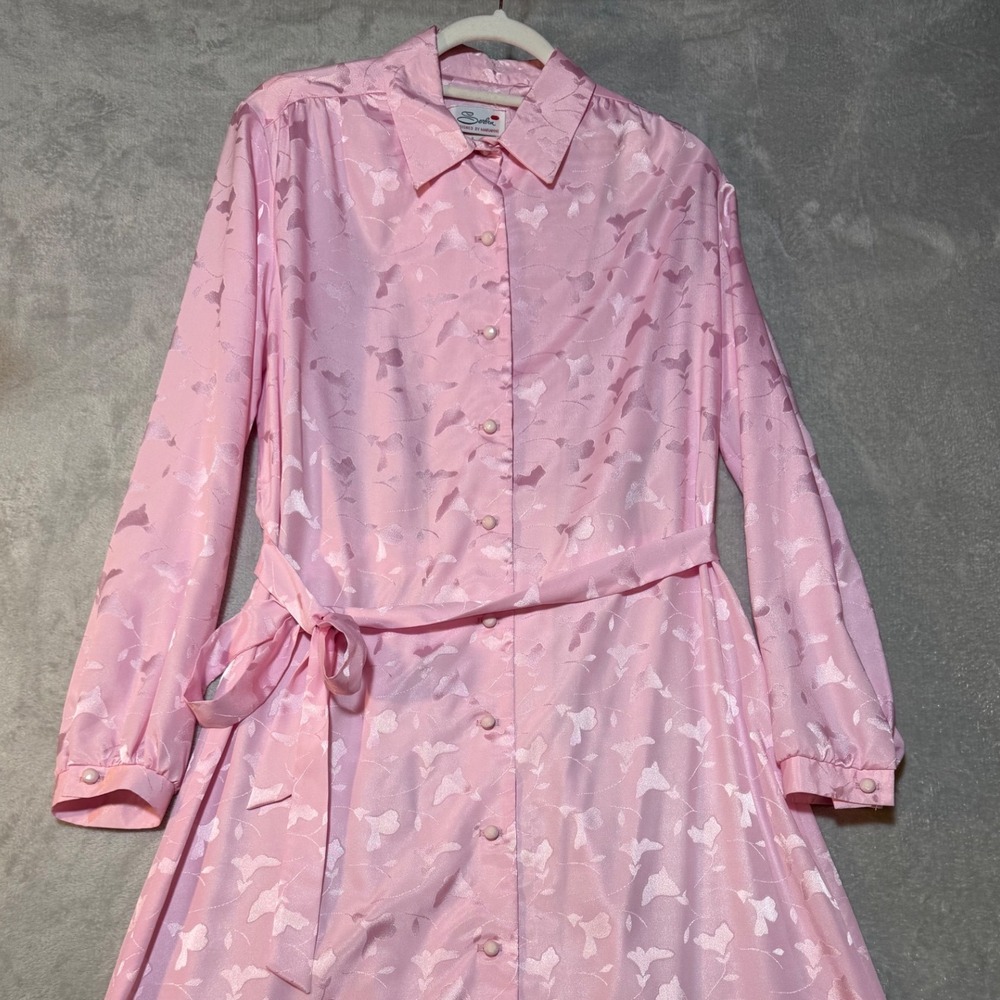 Vintage‎ Serbin Designed by Marianne Pink Jacquard Floral Shirt Dress Belted 10